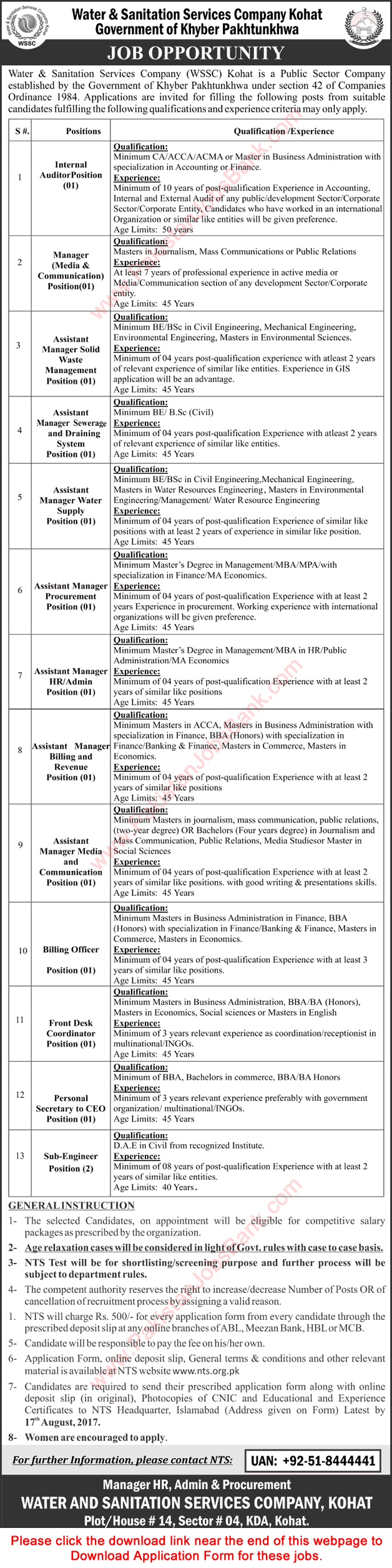 Water and Sanitation Services Company Kohat Jobs August 2017 NTS Application Form Download WSSC Latest