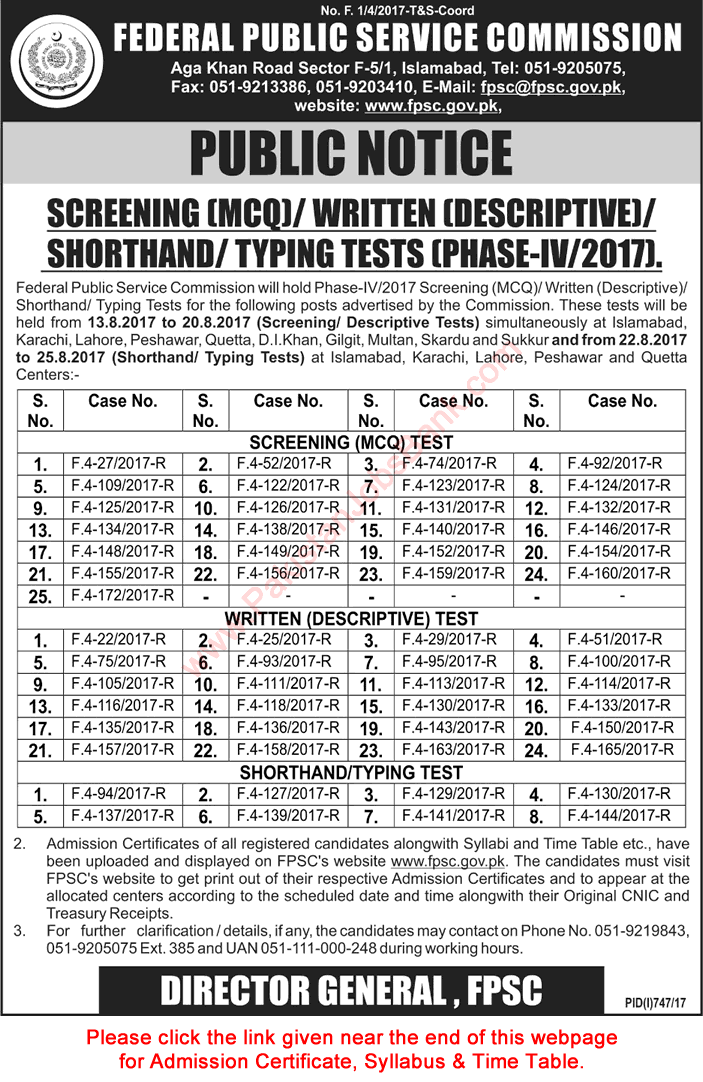 FPSC Written / Shorthand / Typing Test Schedule August 2017 Roll Number Slip Download Latest