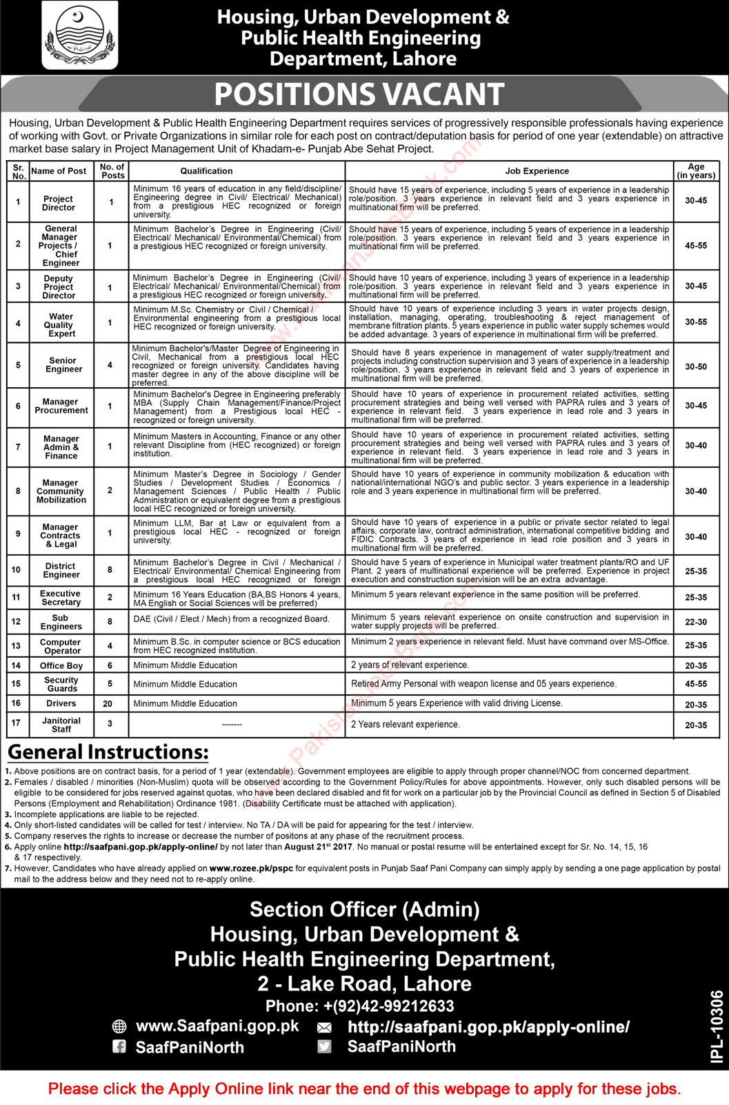 Public Health Engineering Department Punjab Jobs August 2017 Apply Online Sub Engineers, Office Boys, Drivers & Others Latest