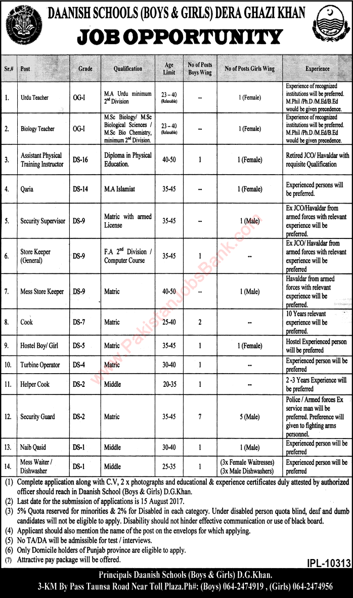 Danish School Dera Ghazi Khan Jobs August 2017 Teachers, Security Guards, Cooks & Others Latest