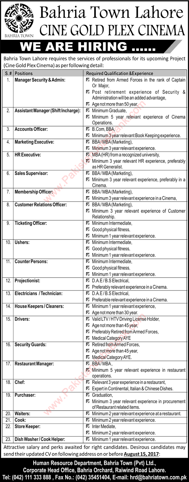 Bahria Town Lahore Jobs August 2017 for Cine Gold Plex Cinema Project Latest