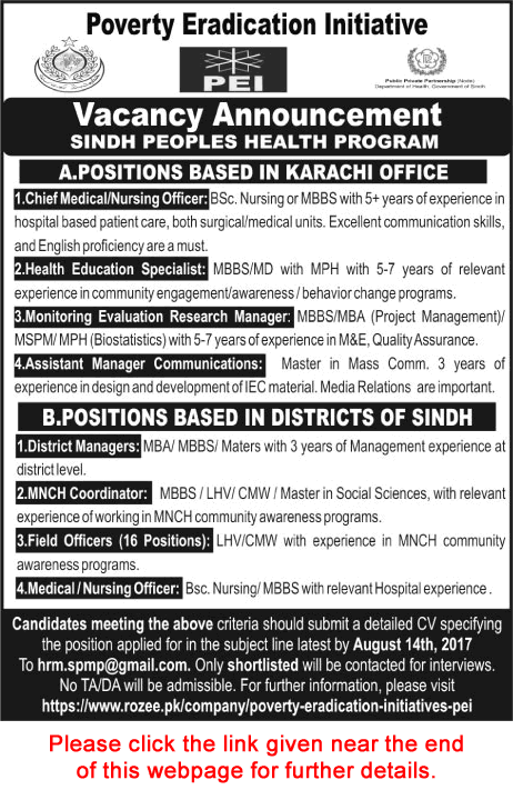 Poverty Eradication Initiative Jobs August 2017 Sindh Peoples Health Program Field Officers & Others Latest