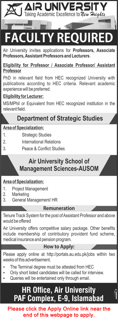 Air University Islamabad Jobs August 2017 Apply Online Teaching Faculty Latest