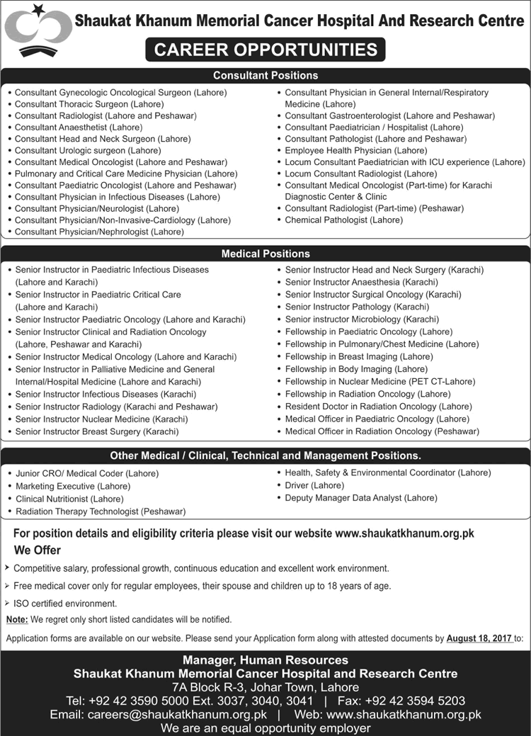 Shaukat Khanum Hospital Jobs August 2017 Medical Officers, Consultants, Instructors & Others Latest