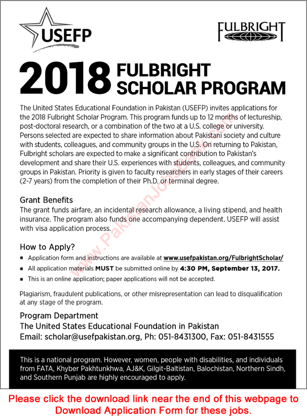 USEFP Fulbright Scholar Program 2018 Application Form United States Educational Foundation in Pakistan Latest