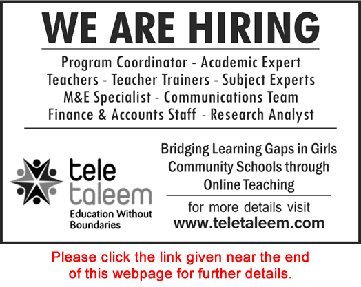 Tele Taleem Pakistan Jobs 2017 August Islamabad Teachers, Finance / Accounts Staff & Others Latest