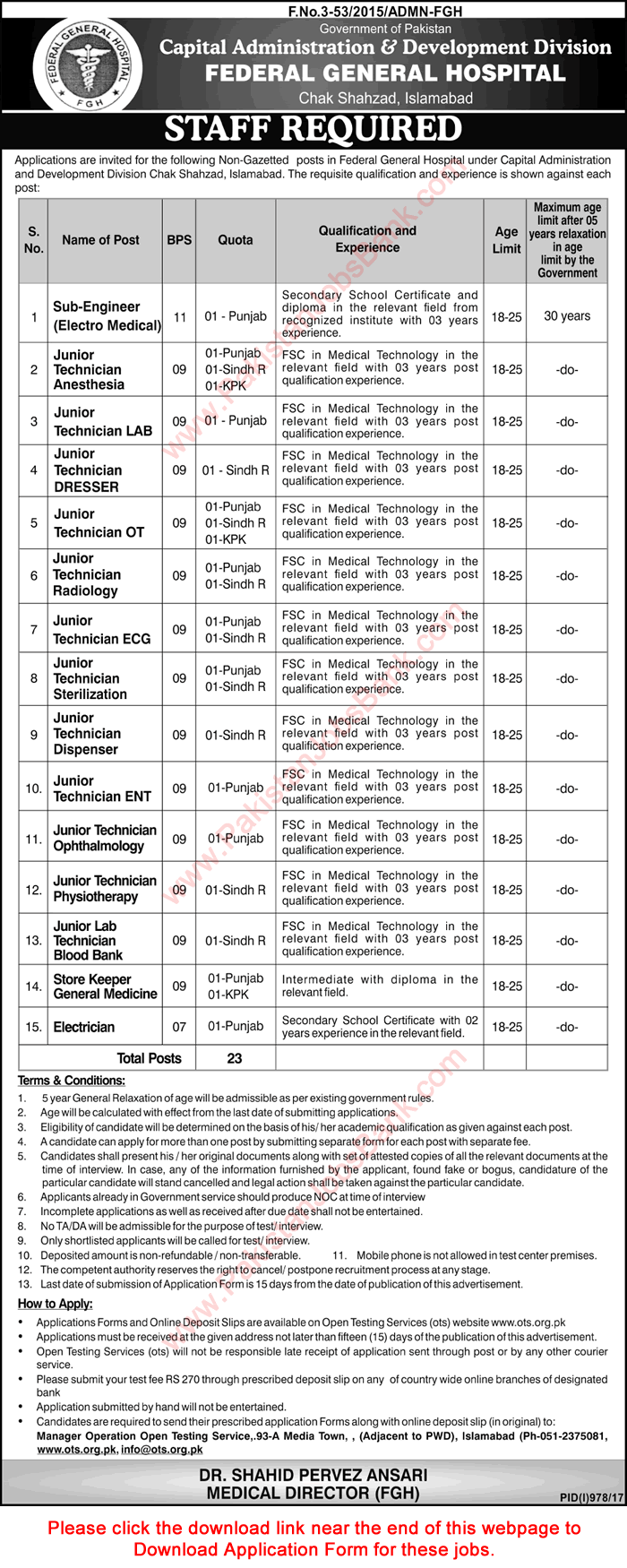 Federal General Hospital Islamabad Jobs 2017 August OTS Application Form Medical Technicians & Others Latest