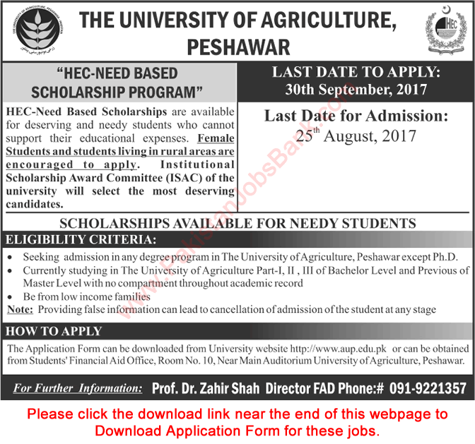University of Agriculture Peshawar HEC Need Based Scholarships 2017 August Application Form Download Latest