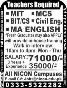 Teaching Jobs in NICON Islamabad / Rawalpindi August 2017 Walk in Interview Latest