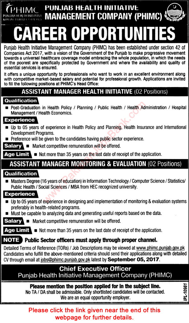 Assistant Manager Jobs in Punjab Health Initiative Management Company Jobs 2017 August Latest