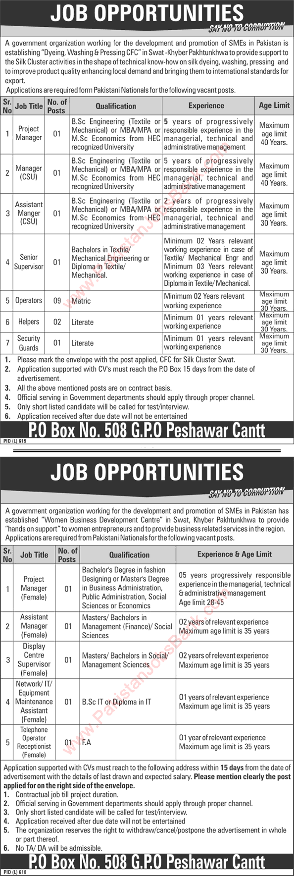 PO Box 508 GPO Peshawar Jobs August 2017 SMEDA KPK Operators, Helpers & Others Latest