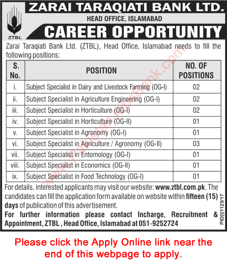 Subject Specialist Jobs in ZTBL August 2017 Apply Online Zarai Taraqiati Bank Limited Latest