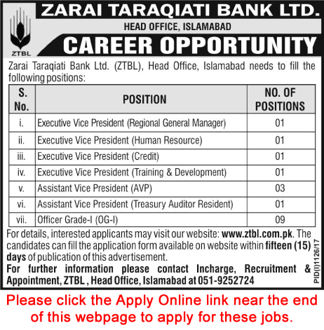 ZTBL Jobs August 2017 September Apply Online Vice Presidents & Officer Grade-I Latest