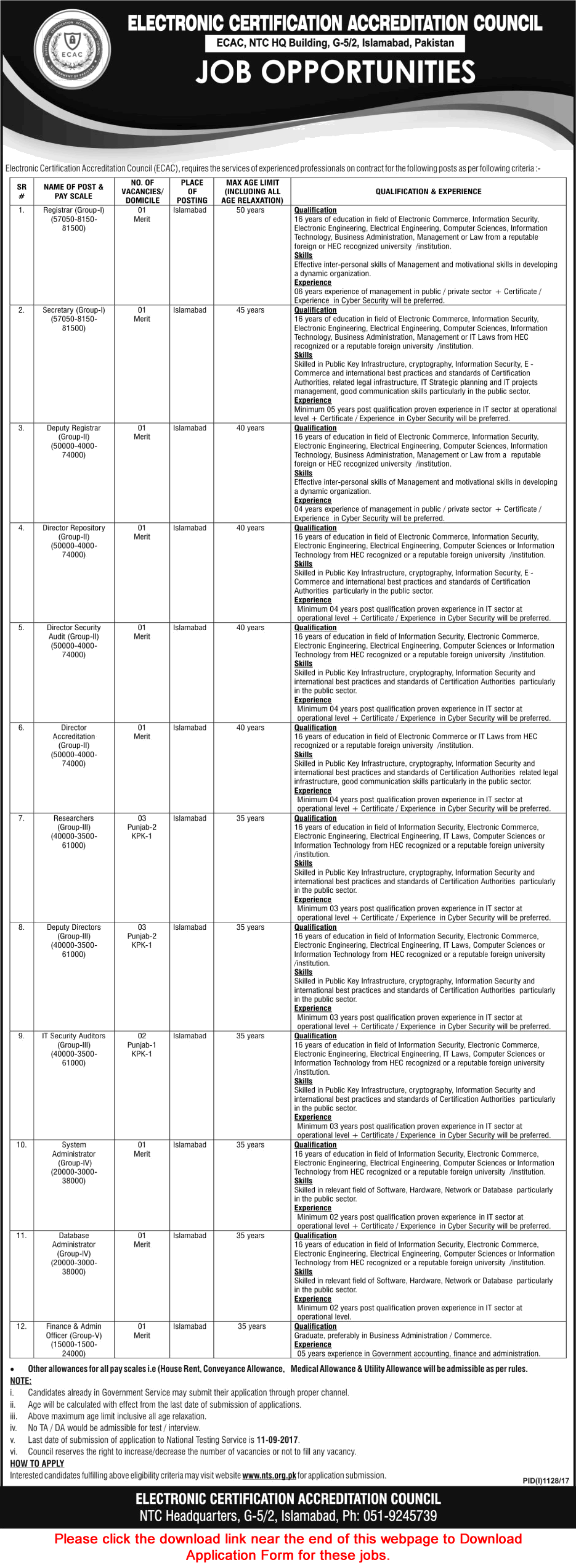 Electronic Certification Accreditation Council Islamabad Jobs 2017 August / September NTS Application Form Download  Latest