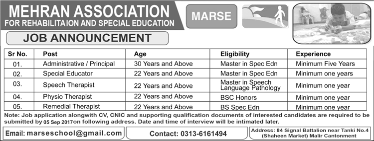 Mehran Association for Rehabilitation and Special Education Karachi Jobs 2017 August / September MARSE Latest