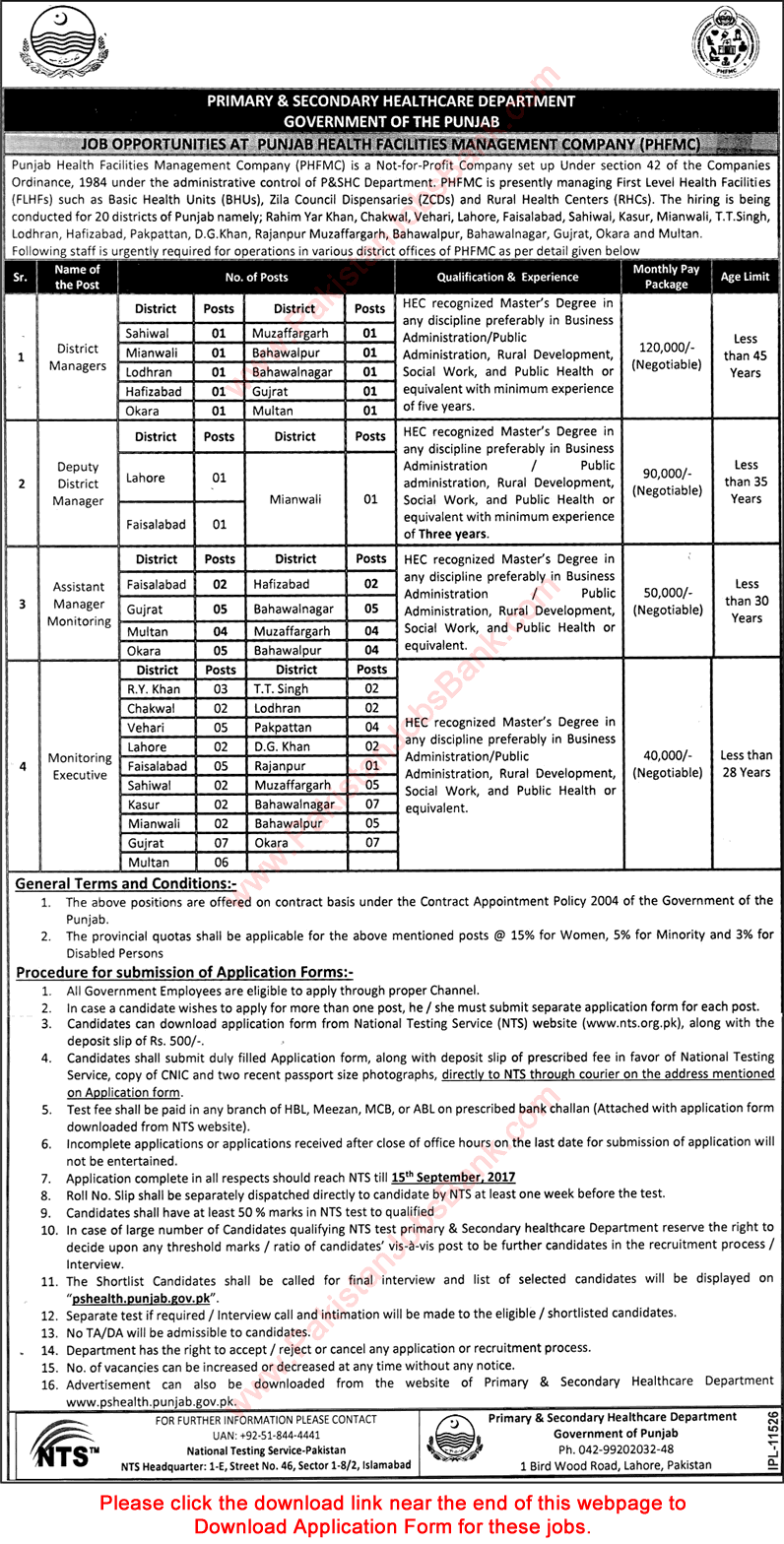 Punjab Health Facilities Management Company Jobs September 2017 NTS Application Form PHFMC Latest