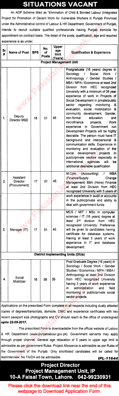 Labour and Human Resource Department Punjab Jobs September 2017 Application Form Social Mobilizers & Others Latest
