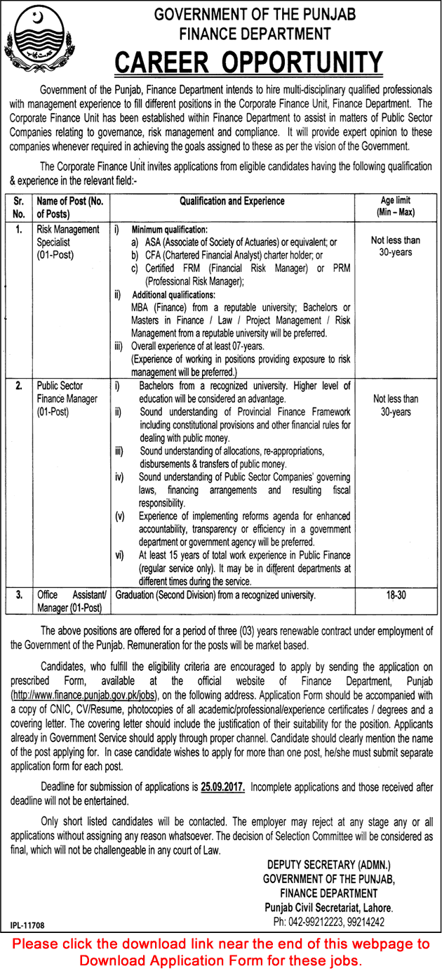 Finance Department Punjab Jobs September 2017 Application Form Office Assistant / Manager & Others Latest