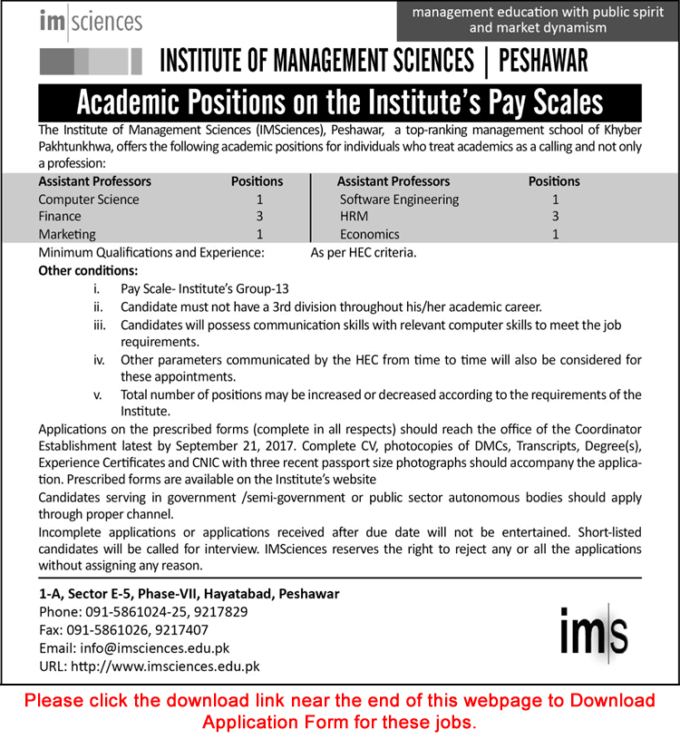 Assistant Professor Jobs in Institute of Management Sciences Peshawar Jobs September 2017 Application Form Latest