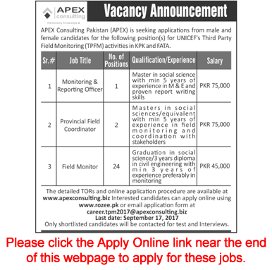 APEX Consulting Pakistan Jobs September 2017 Apply Online Field Monitors & Others Latest