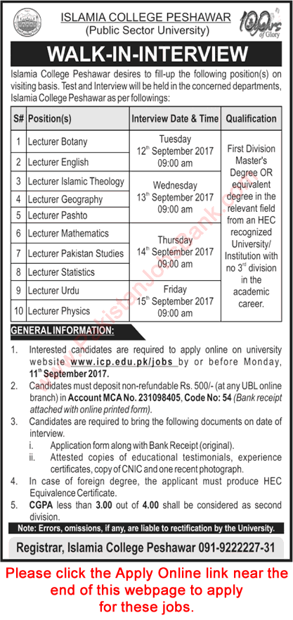 Lecturer Jobs in Islamia College Peshawar September 2017 Walk in Interview Latest