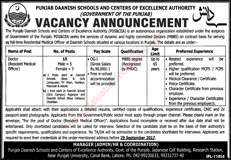 Resident Medical Officers Jobs in Punjab Danish Schools 2017 September Center of Excellence Authority Latest