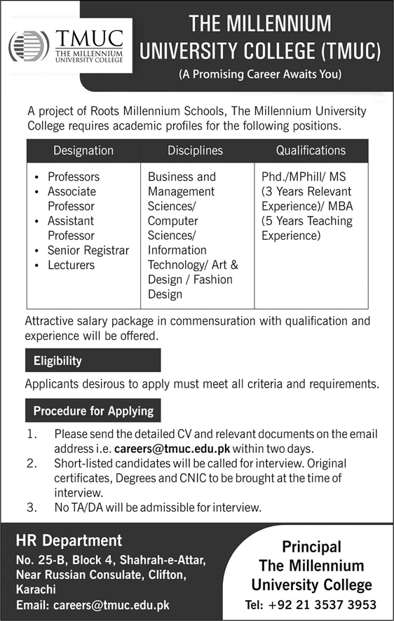 The Millennium University College Karachi Jobs 2017 September TMUC Teaching Faculty Latest