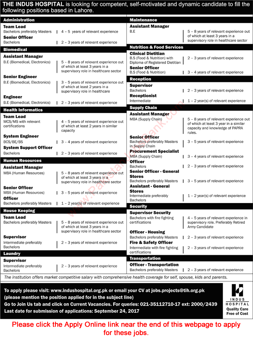 Indus Hospital Lahore Jobs September 2017 Apply Online Assistant Managers, Supervisors & Others Latest