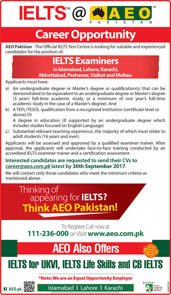 IELTS Examiners Jobs in AEO Pakistan 2017 September Latest