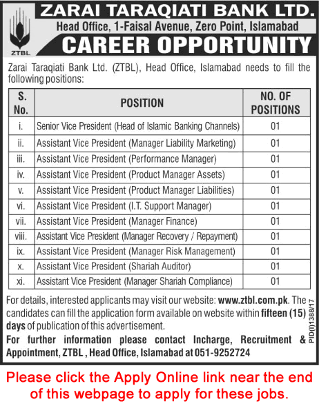 ZTBL Jobs September 2017 Apply Online Assistant Vice President Zarai Taraqiati Bank Limited Latest