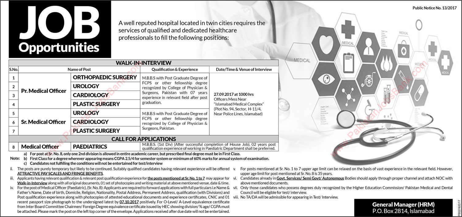 PO Box 2814 Islamabad Jobs September 2017 NESCOM Medical Officers & Specialist Doctors Latest