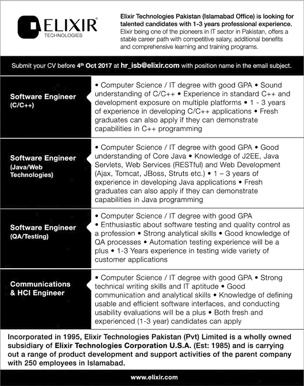 Elixir Technologies Islamabad Jobs 2017 September Software Engineers, Communications & HCI Engineer Latest