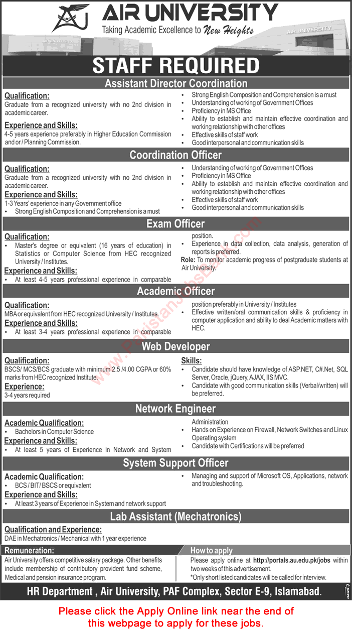 Air University Islamabad Jobs September 2017 Apply Online Web Developer, Network Engineer & Others Latest