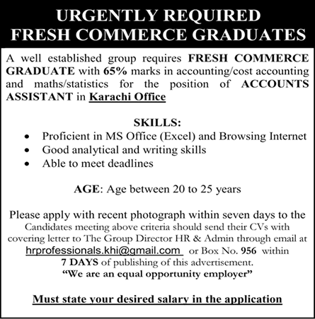 Accounts Assistant Jobs in Karachi September 2017 Fresh Commerce Graduates Latest