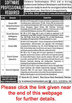 Celmore Technologies Pvt Ltd Rawalpindi Jobs October 2017 Oracle Developers, DBA & Others Latest