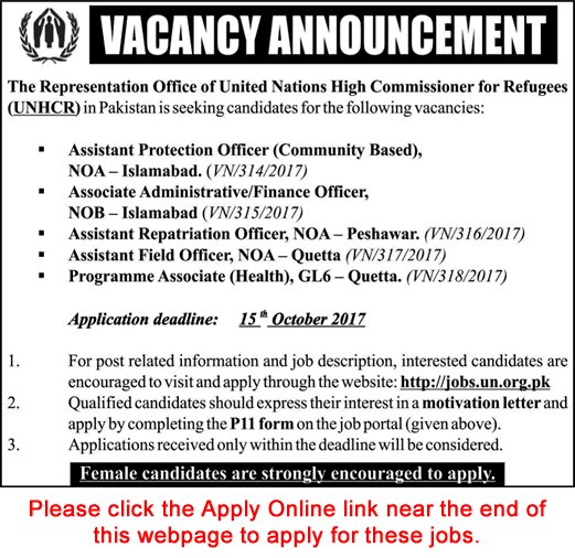 UNHCR Pakistan Jobs October 2017 Apply Online Program Associate, Field Officer & Others Latest