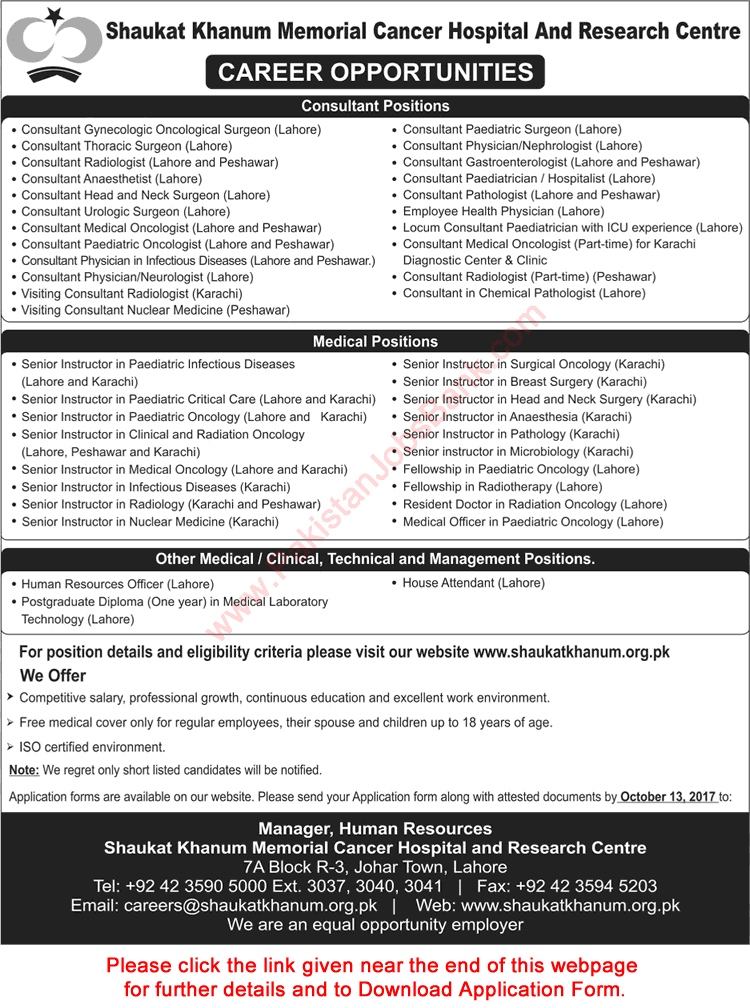 Shaukat Khanum Hospital Jobs October 2017 Application Form Consultants, Instructors & Others Latest