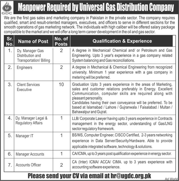 Universal Gas Distribution Company Pakistan Jobs 2017 October UGDC Client Service Executives & Others Latest