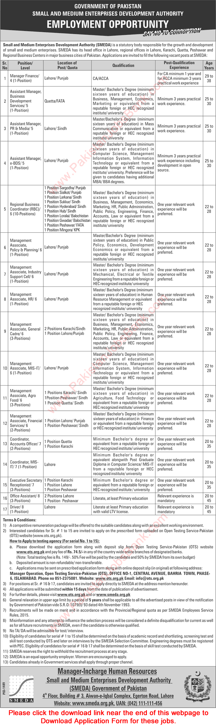 SMEDA Jobs October 2017 OTS Application Form Download Small and Medium Enterprises Development Authority Latest