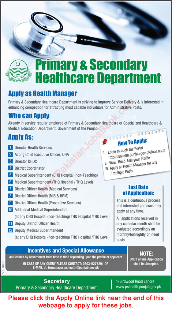 Primary and Secondary Healthcare Department Punjab Jobs October 2017 Apply Online Health Manager & Others Latest