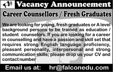 Career Counsellor Jobs in Lahore October 2017 at Falcon Education and Consultancy Services Latest