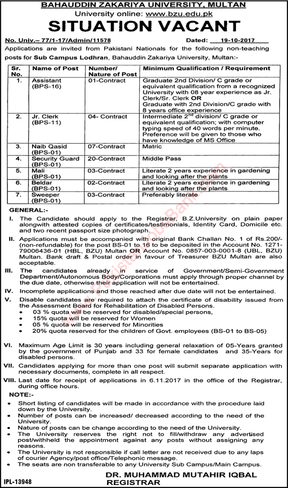 Bahauddin Zakariya University Lodhran Campus Jobs 2017 October Naib Qasid, Security Guards & Others Latest