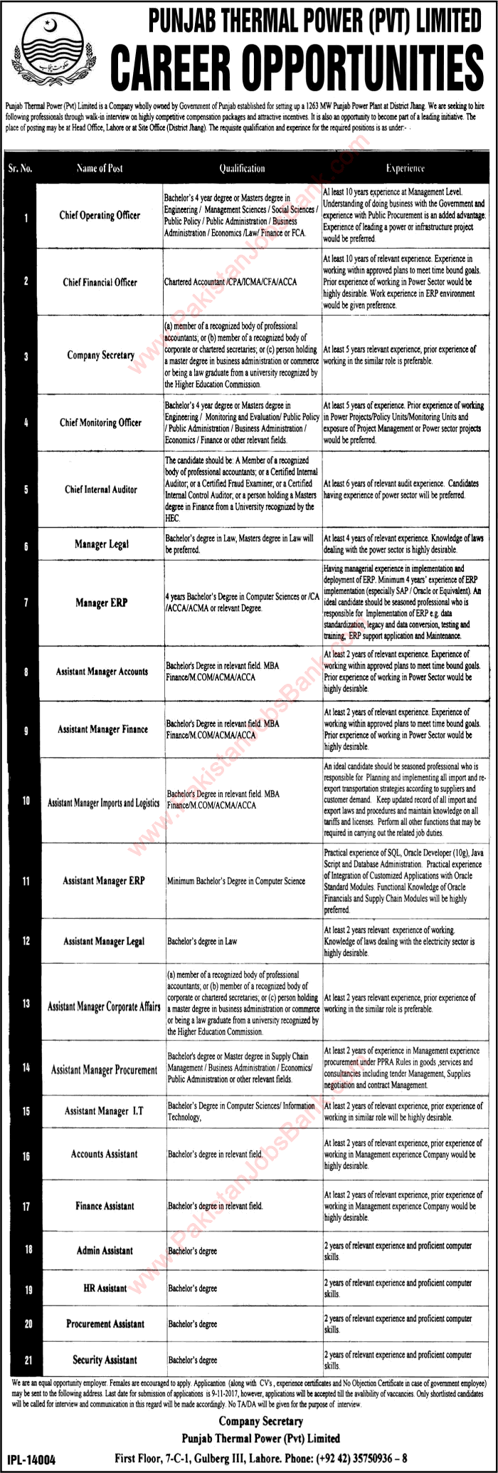 Punjab Thermal Power Pvt Ltd Jobs October 2017 Walk in Interview Accounts / Admin Assistants, Managers & Others Latest