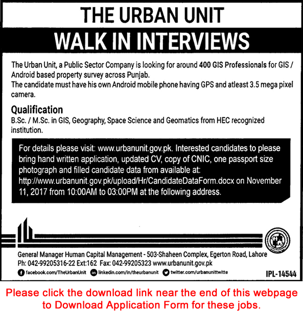 GIS Professional Jobs in The Urban Unit Punjab November 2017 Walk in Interview Latest