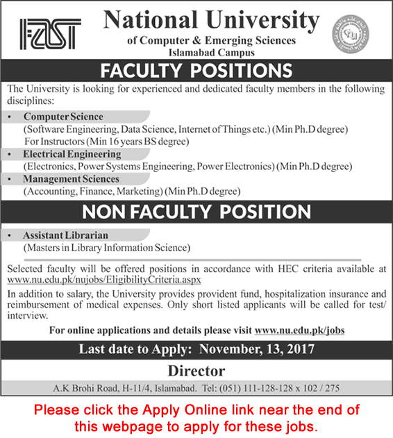 FAST University Islamabad Jobs November 2017 Apply Online Teaching Faculty & Assistant Librarian Latest