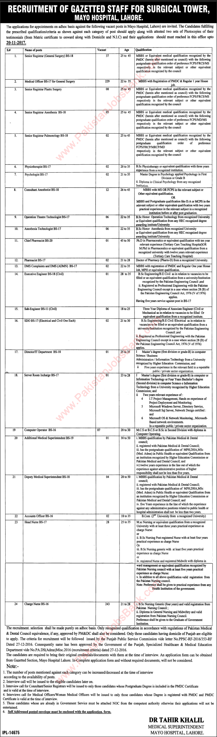 Mayo Hospital Lahore Jobs November 2017 Nurses, Medical Officers, Senior Registrars & Others Latest