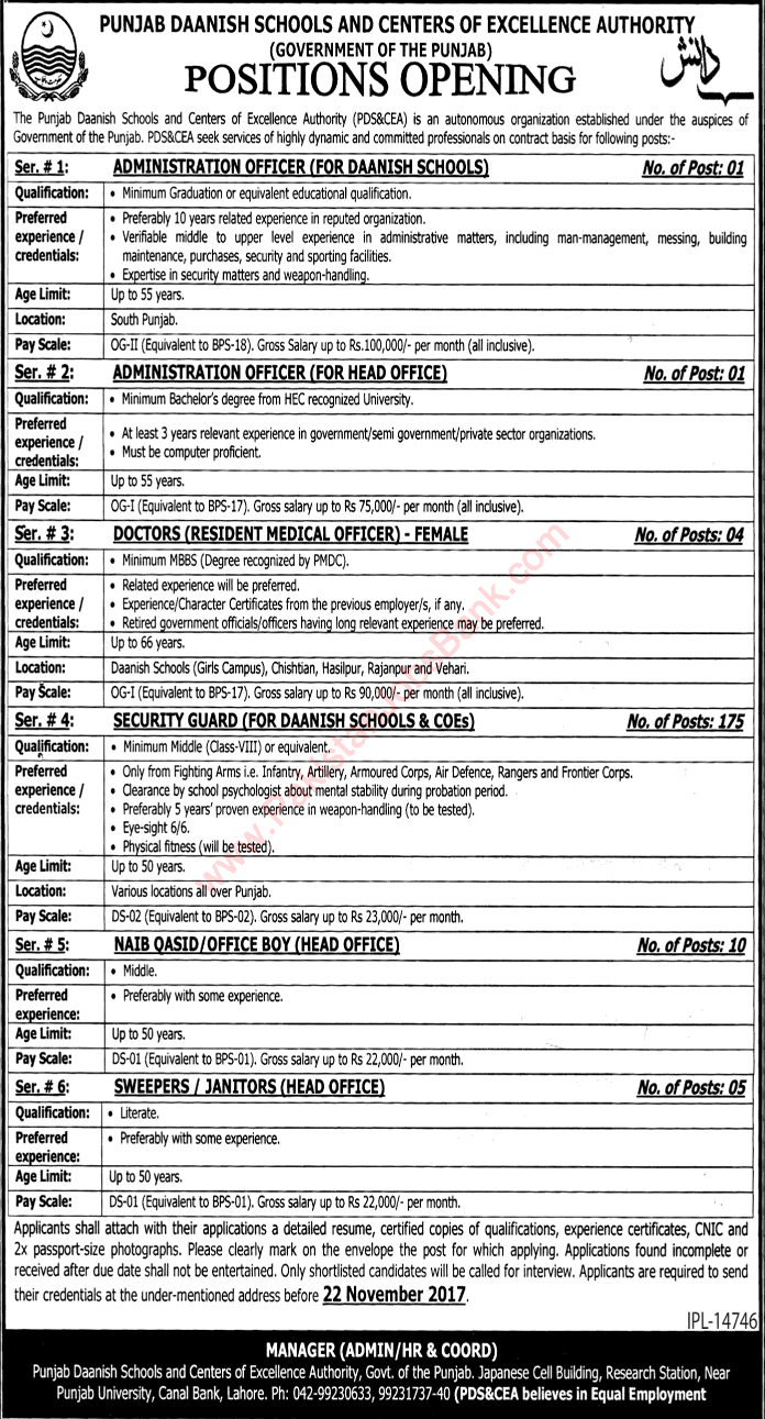 Punjab Daanish Schools and Center of Excellence Authority Jobs November 2017 Security Guards & Others Latest