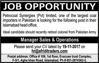 Sales / Operation Manager Jobs in Islamabad November 2017 at Petrocoal Synergies Pvt Ltd Latest