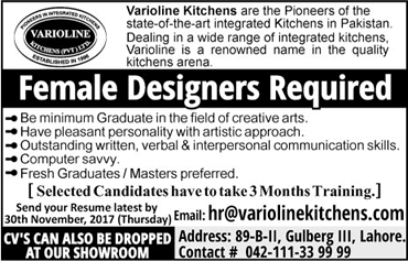 Female Designers Jobs in Lahore November 2017 at Varioline Kitchens Pvt Ltd Latest