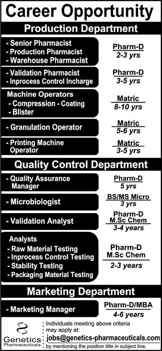 Genetics Pharmaceuticals Lahore Jobs November 2017 Pharmacists, QA Manager & Others Latest